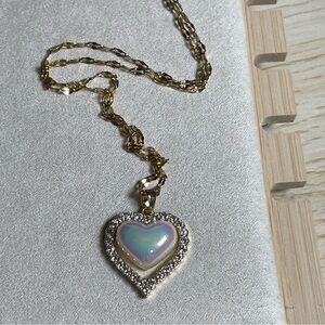 Gold and White Heart Pendant Necklace with Crystals